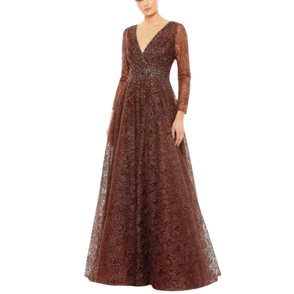Mac Duggal 20372 Brown Evening Gown Beaded Lace Long Sleeve A-Line Dress Size 18